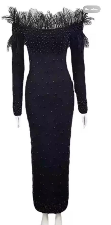 Robe soirée Lourdy perles et plumes noir